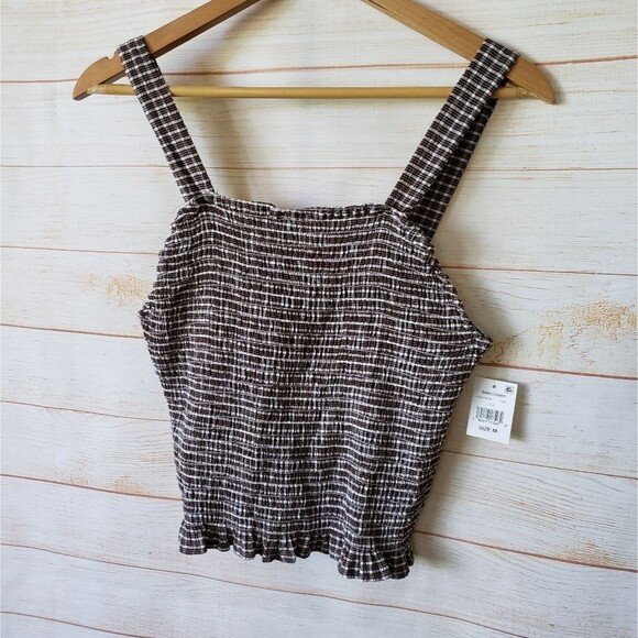 Sanctuary Westside Gingham Check Plaid Smocked Cropped Tank Top Chocolate Medium - Picture 6 of 10